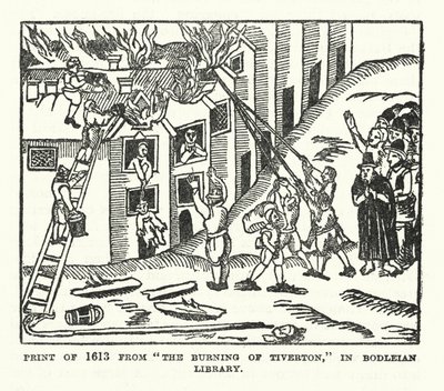 Tryck från 1613 ur "The Burning of Tiverton" i Bodleian Library (litografi) av (after) English School