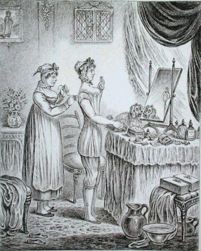 Progress of the Toilet: the Stays, etsat av James Gillray (1757-1815) publicerad av Hannah Humphrey 1810 (etsning) av (after) English School