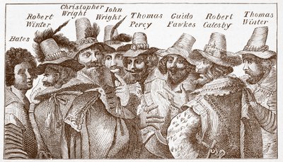 The Gunpowder Plot Conspirators, efter en gravering (gravering) fra 1606 av (after) English School