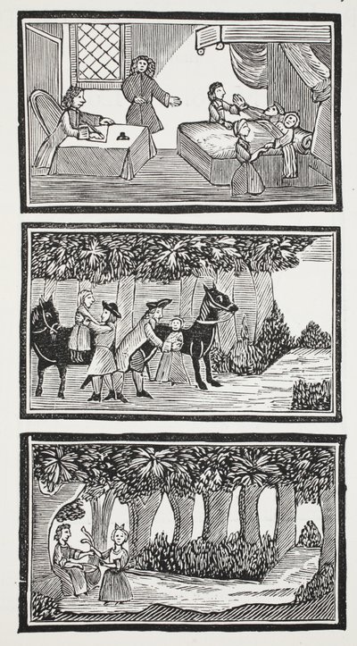 Historien om de två barnen i skogen, illustration från "Chap-books of the artonde århundrade" av John Ashton, pub. 1882 (lito) av (after) English School
