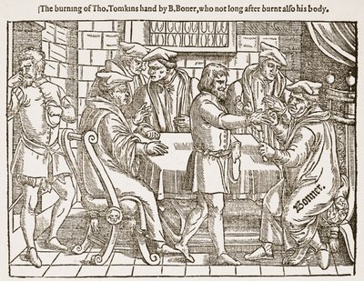 Förbränningen av Tho. Tomkins hand av B. Boner, som inte långt efter brände även hans kropp, illustration från 