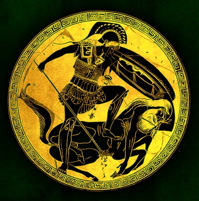 Krigare och kentaur, illustration från "Greek Vase Paintings" av J. E. Harrison och D. S. MacColl, publicerad 1894 (digitalt förbättrad bild) av (after) English School