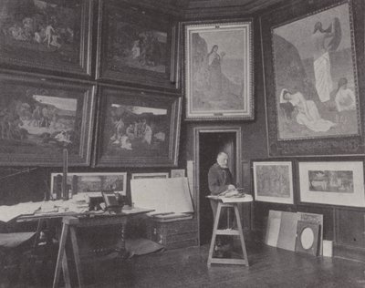 Franske målaren Pierre Puvis de Chavannes i sin ateljé (s/v foto) av (after) French Photographer