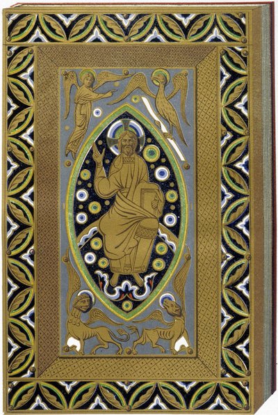 Kristus i Mandorla med symbolerna för de 4 evangelisterna (Tetramorph). Litografi som återger ett e-mailat band från 1200-talet. av (after) French School