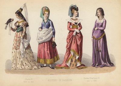 Mode i Frankrike: Karl VI 1395 till 1422; Karl VII och Ludvig XI 1422 till 1483 (kolorerad gravyr) av (after) French School