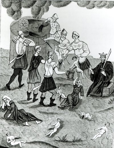 Judar som tar blod från kristna barn för sina mystiska riter, efter en teckning i "Book of Cabala of Abraham the Jew" (litografi) (svartvitt foto) av (after) French School