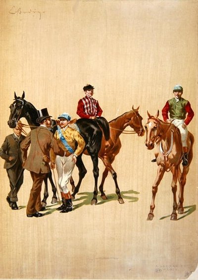 Jockeys på kapplöpningsbanan, ca 1875 (färg litho) av (after) French School
