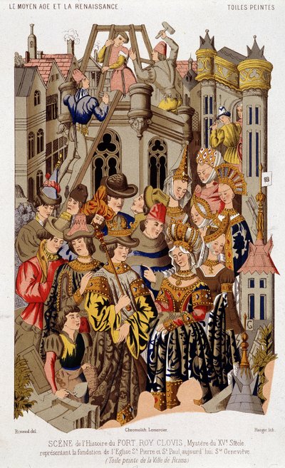 Scen av historien om Fort Roy de Clovis. 1400-talets mysterium som representerar grunden för kyrkan St. Peter och St. Paul, idag Saint Genevieve. (från) Målad duk av staden Reims. av (after) French School
