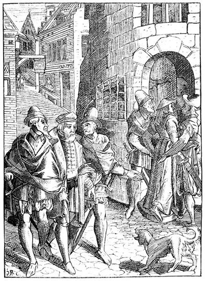 Provostens fängelse, rue de la Tannerie, Paris, efter ett träsnitt i "Praxis Rerum Civilium" av Joose de Damhouder (1507-81) som publicerades i Antwerpen. av (after) French School