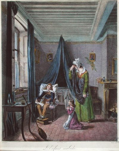 Det sjuka barnet, ca 1820 (färg litho) av (after) Genot
