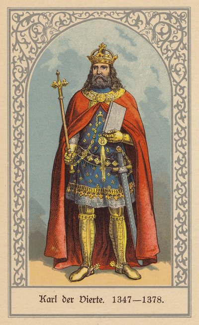 Karl IV, kung av Böhmen och Tyskland och tysk-romersk kejsare (färglitografi) av (after) German School