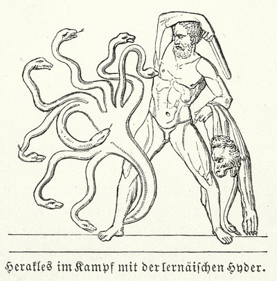 Herakles i kamp mot den lernska hydran (gravyr) av (after) German School