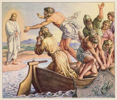 Jesus framträder för sina lärjungar (färglitografi) av (after) German School