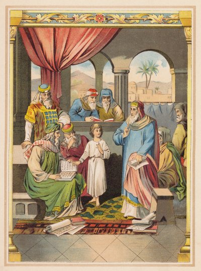 Jesus med de äldste i templet (färglitografi) av (after) German School