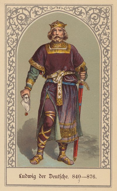 Ludvig den tyske, kung av Östfrankrike (färglitografi) av (after) German School