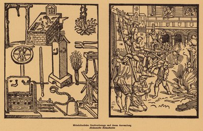 Medeltida bestraffningar (träsnitt) av (after) German School
