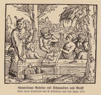 Blandat spa-bad med festmåltid och musik (träsnitt) av (after) German School