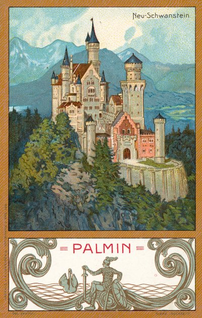 Slottet Neuschwanstein, Bayern (chromolitho) av (after) German School
