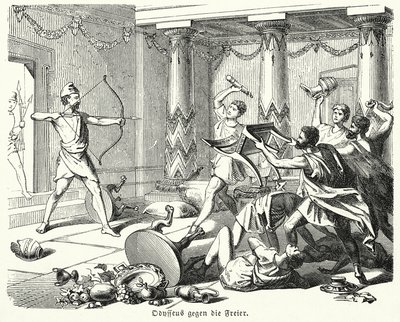 Odysseus dräper Penelopes friare (gravyr) av (after) German School
