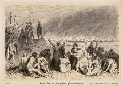 Scipio Africanus bränner den kartagiska flottan (gravyr) av (after) German School