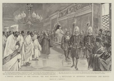 En speciell publik i Vatikanen, påven tar emot en deputation av abessiniska missionärer och infödda (litho) av (after) Italian School
