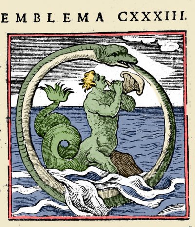 En triton och en ouroboros, illustration "Emblem" (häftets emblem) av Andrea Alciati (färg litho) av (after) Italian School
