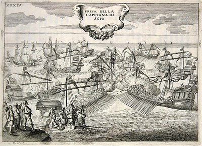 Galleoner och galeasser som kämpar: tillfångatagandet av kaptenen på ön Chios, illustration från "Värden av Toscana i Cavalieri di Santo Stefanos mest betydande företag" av Fulvio Fontana, graverad av H. Vincent av (after) Italian School