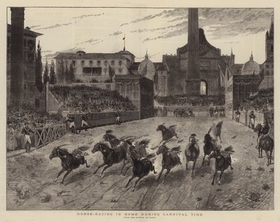 Hästkapplöpning i Rom under karnevalstid (gravyr) av (after) Italian School