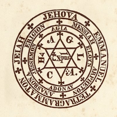 Ockulta vetenskaper: magisk cirkel. Schema från "" De Occulta Philosophia "" av den tyske ockultistforskaren Henry Cornelius Agrippa av Nettesheim (1486-1535) (känd som Cornelius Agrippa eller Agrippa av Nettesheim) av (after) Italian School