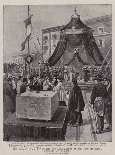 Kungen av Italien lägger grundstenen till den nya kommunala byggnaden i Cagliari (litho) av (after) Italian School