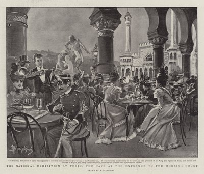 Nationella utställningen i Turin, kaféet vid ingången till den moriska domstolen (litho) av (after) Italian School