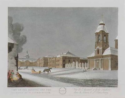 Vy över arsenalet och gjuteriet i St. Petersburg, illustration för december från "Ett år i St. Petersburg" etsad av John H. Clark, färgad av M. Dubourg, pub. 1815 i London av Edward Orme (färgad litho) av (after) Mornay