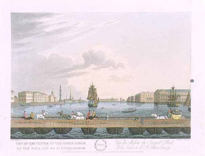 Vy över mitten av den stora bron i Neva, illustration för augusti från "Ett år i St. Petersburg" etsad av John H. Clark, färgad av M. Dubourg, pub. 1815 i London av Edward Orme (färgad gravyr) av (after) Mornay