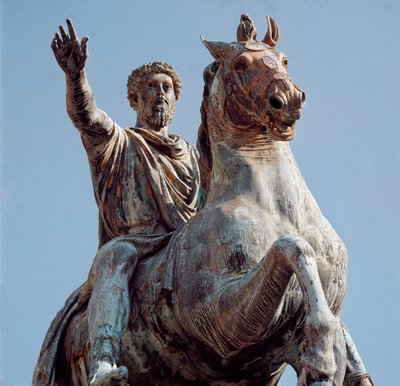 Ryttarstaty av den romerske kejsaren Marc Aurele (Caesar Marcus Aurelius Antoninus Augustus) (121-180). Bronsskulptur. Kopia efter originalet förvarat på Capitol Museum, Rom. Capitol Square (Campidoglio) Rom av (after) Roman