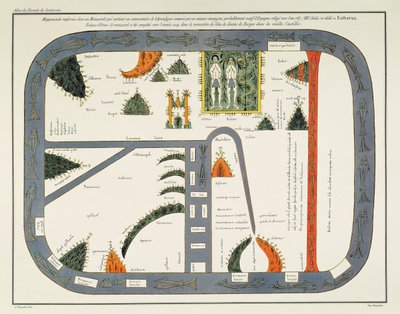 Karta över världen, från ett manuskript av en kommentar till apokalypsen, skriven c.787 och kopierad c.1109 i klostret Silos, Burgos, Spanien (litho) av (after) Spanish School