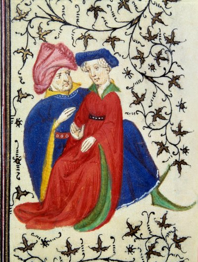 En galant scen. Detalj av en sida av manuskriptet "Les Tres Riches Hours du Duke Francois de Guise"" belyst av Mästaren av Boucicaut. 1400-talet. Musee Conde, Chantilly. av (and workshop) Boucicaut Master