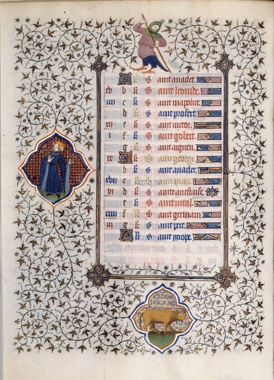 Sidan i manuskriptet "" Les Tres Riches Hours du Duke Francois de Guise"" upplyst av Mästaren av Boucicaut: representation av zodiakens tecken och scener i vardagen: tjuren. 1400-talet. Musee Conde, Chantilly av (and workshop) Boucicaut Master