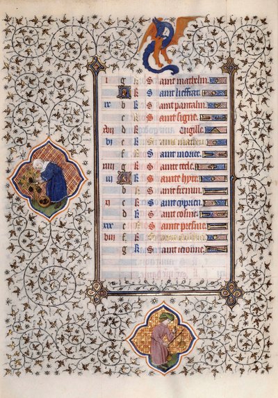 Sidan i manuskriptet "Les Tres Riches Hours du Duke Francois de Guise" som belysts av Boucicaut-mästaren: representation av zodiakens tecken och jordbruksarbete: balans och skörd. 1400-talet. Musee Conde, Chantilly av (and workshop) Boucicaut Master