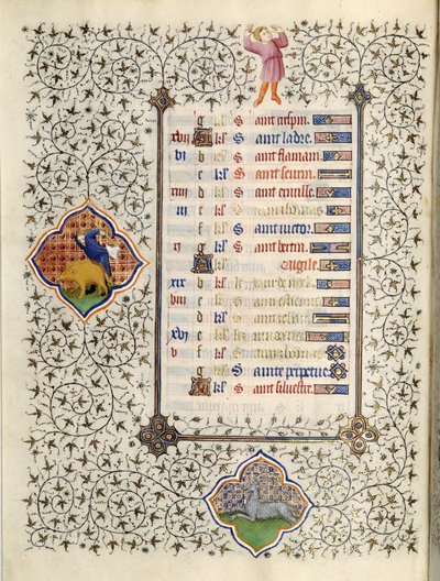 Sidan i manuskriptet "" Les Tres Riches Hours du Duke Francois de Guise"" upplyst av Mästaren av Boucicaut: representation av zodiakens tecken och scener i det dagliga livet: Stenbocken och jakten på vildsvin. 1400-talet. Musee Conde, C av (and workshop) Boucicaut Master