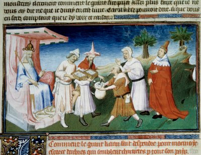 Qubilai (Kubilai Khan, förste kejsare av den mongoliska Yuan-dynastin (1215-1294) betalar för sina inköp med murier barkmynt i miniatyr tagna från Marco Polos "The Book of Wonders"" ("" World Devisement", "" Il Milione"). illustrerad av mästaren i Boucic av (and workshop) Boucicaut Master