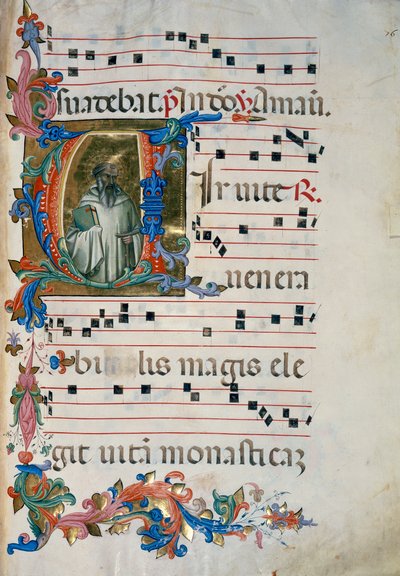 Upplyst initial med figuren San Romualdo (Corale 8, ca 76), för körbok 8 av Santa Maria degli Angeli av (c.1370 1425) Lorenzo Monaco