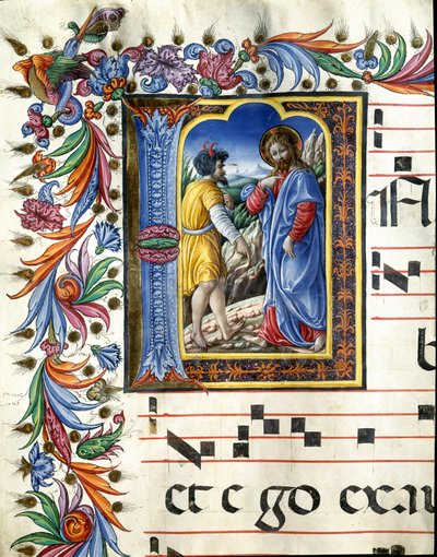 Decoree lettrine som skildrar Kristi frestelse Miniatyr av Liberale da Verona (1445-1529) från en kör (Cod. 20/5. c.45v) från katedralen i Siena. 1400-talets katedral (Duomo) i Siena, Italien av (c.1445 1527) Liberale da Verona