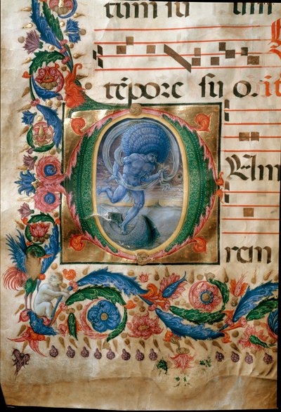 Lettrin med representation av Aeolus, vindarnas väktare. (Miniatyr av (c.1445 1527) Liberale da Verona