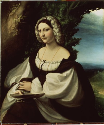 ""Porträtt av en dam" (Porträtt av en dam) Det skulle vara antingen poetinnan Ginevra Rangone eller Veronica Gambara (1485-1550), personligheter i staden Correggio. Målning av Antonio Allegri känd som Il Correggio (The Correge av (c.1489 1534) Correggio