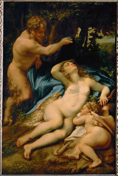 Venus, schlafend, von einem Satyr beobachtet (auch "Der Schlaf der Antiope" genannt) von (c.1489-1534) Correggio