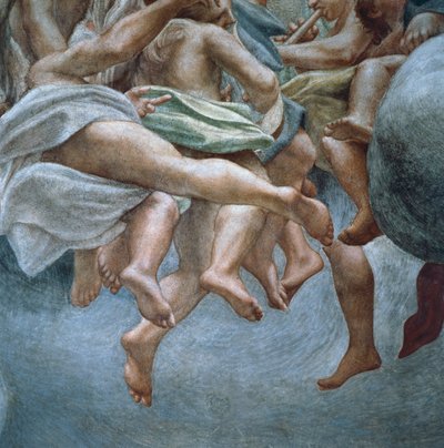 Änglar, detalj av fresker från avsnitt av Abraham och Isaac, från kupolen i Parma-katedralen, av Antonio Allegri Da Correggio (1489-1534) av (c.1489 1534) Correggio