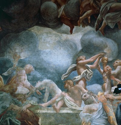 Ungdomar på balkongen, detalj av fresker av kupolen i Parma-katedralen, av Antonio Allegri Da Correggio (1489-1534) av (c.1489 1534) Correggio
