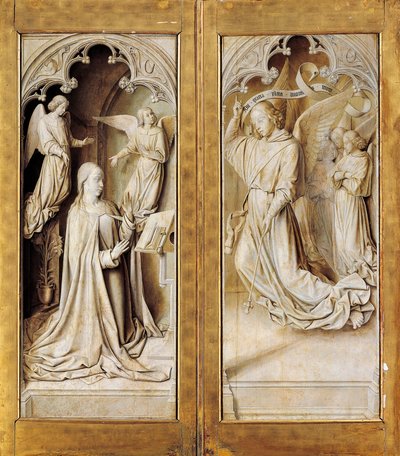 Bebådelse i grisaille (monokromatisk grå), yttre vingar av triptyk altartavla (ca 1489-1502) av Mästaren av Moulins, i katedralen Notre-Dame, Moulins, Frankrike. av (fl.c.1483 c.1529) Master of Moulins