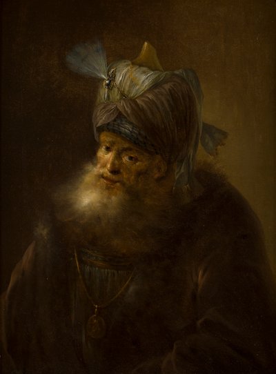 Porträtt av en man i en turban (olja på duk) av (follower of) Rembrandt Harmensz. van Rijn