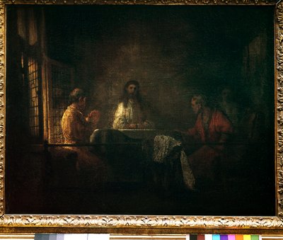 Emmaus Kristi pilgrimer visar sig för pilgrimerna som sitter vid ett bord på ett värdshus i Emmaus. Målning av verkstaden av Harmensz van Rijn dit Rembrandt (1606-1669) av studio of Rembrandt Harmensz. van Rijn